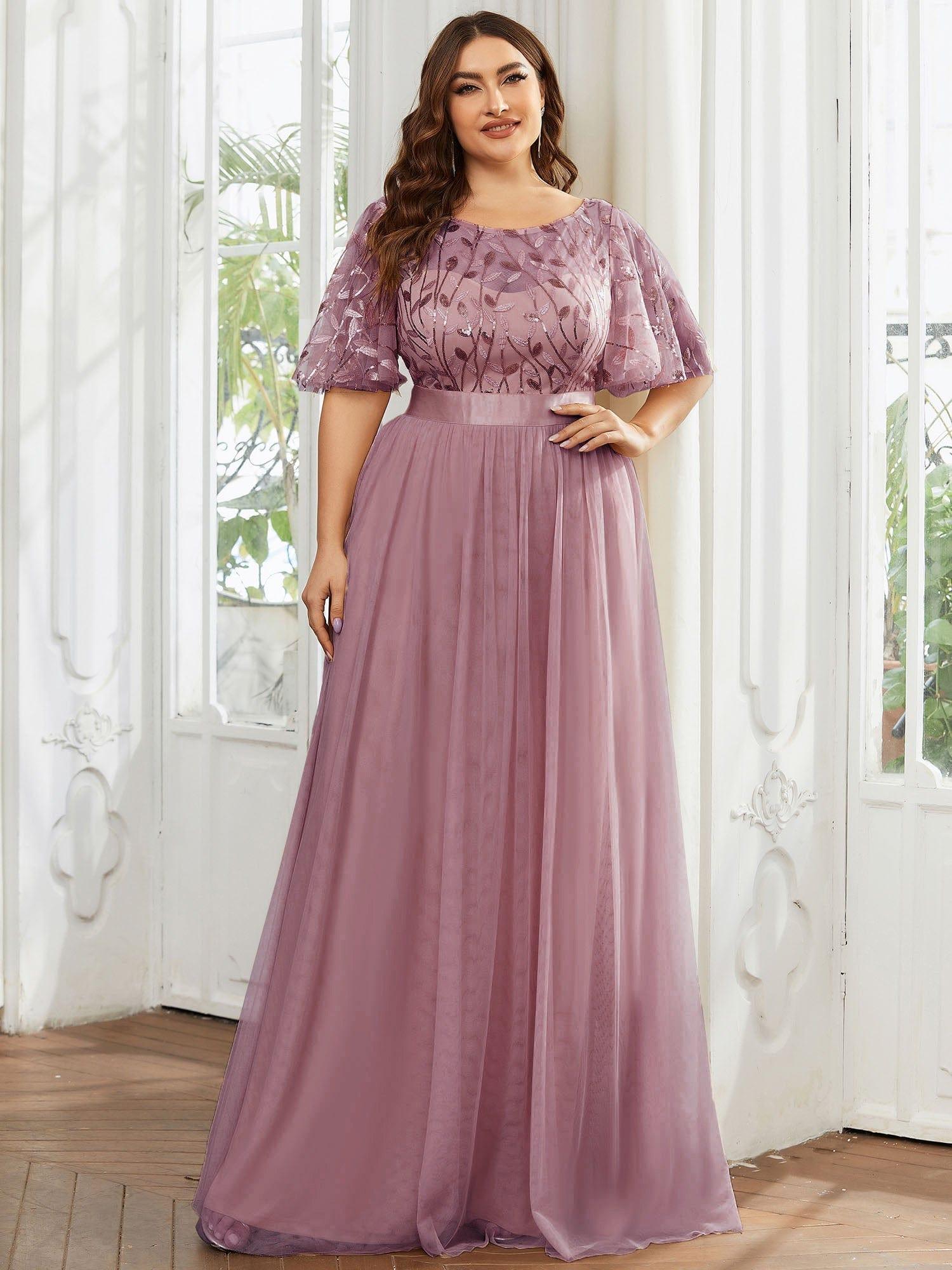 Plus Size Women's Embroidery Evening Dresses with Short Sleeve #color_Purple Orchid