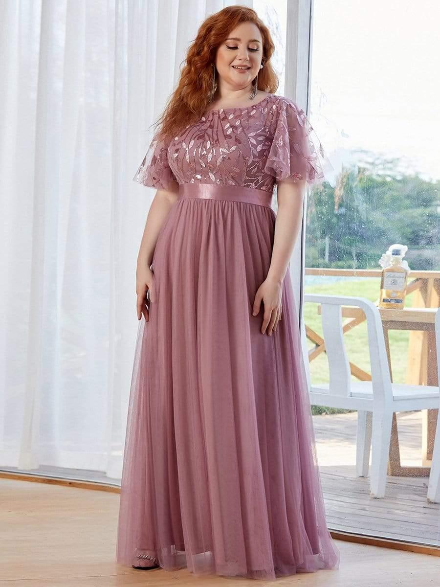 Women's A-Line Sequin Leaf Maxi Prom Dress with Sleeves #color_Purple Orchid
