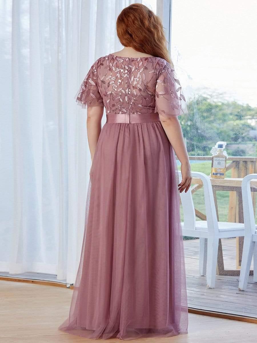 Women's A-Line Sequin Leaf Maxi Prom Dress with Sleeves #color_Purple Orchid