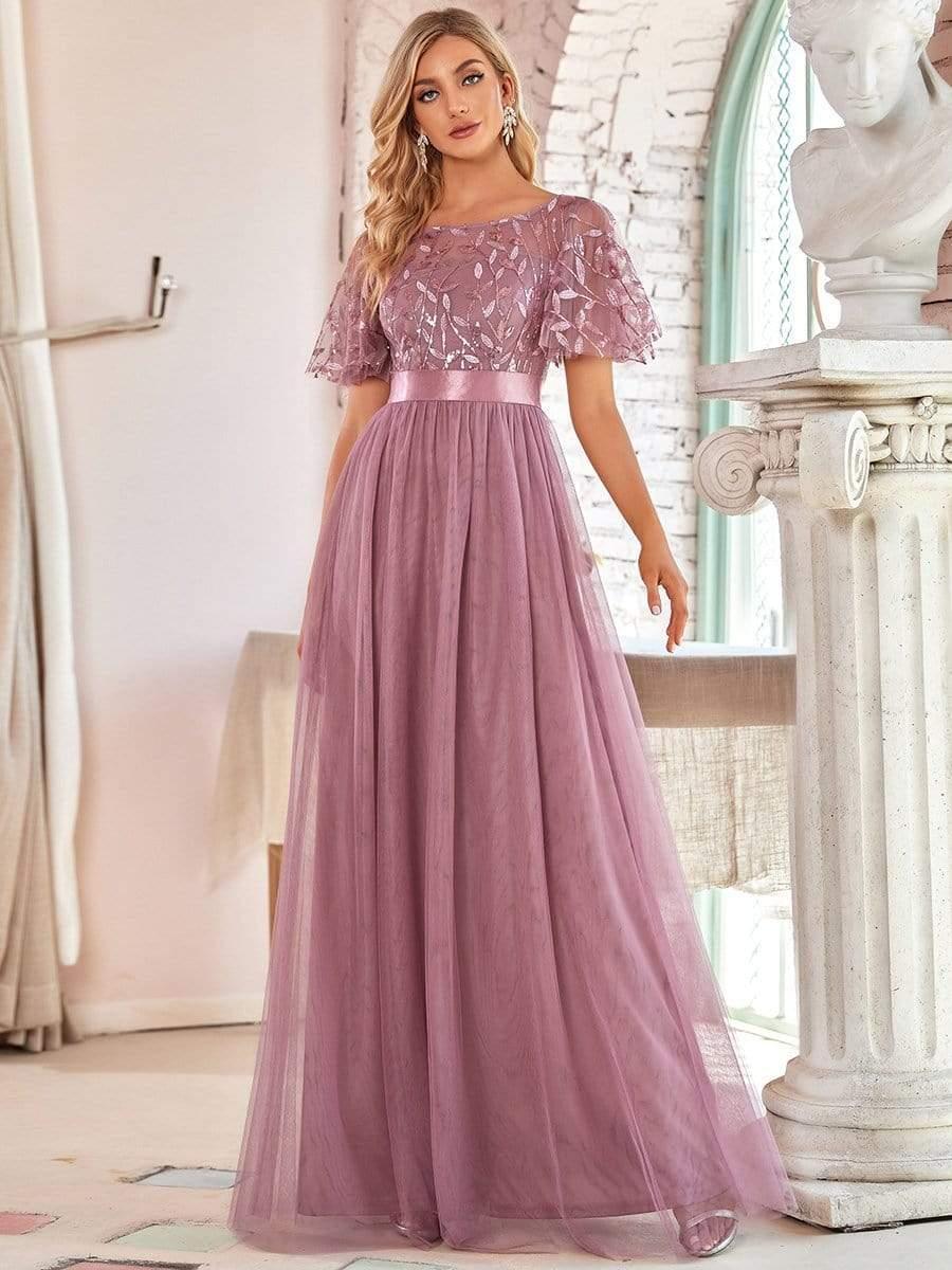 Women's A-Line Sequin Leaf Maxi Prom Dress with Sleeves #color_Purple Orchid