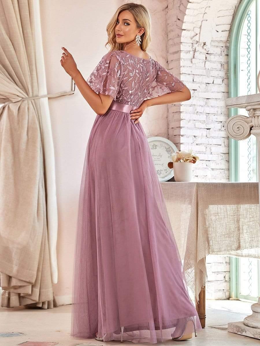 Women's A-Line Sequin Leaf Maxi Prom Dress with Sleeves #color_Purple Orchid