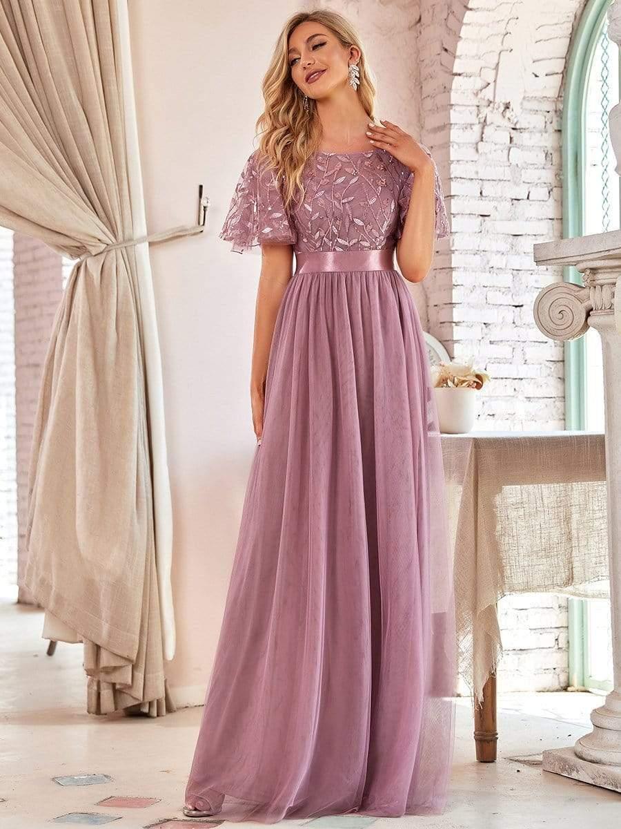 Women's A-Line Sequin Leaf Maxi Prom Dress with Sleeves #color_Purple Orchid