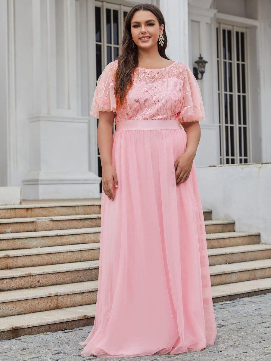 Plus Size Women's Embroidery Evening Dresses with Short Sleeve #color_Pink