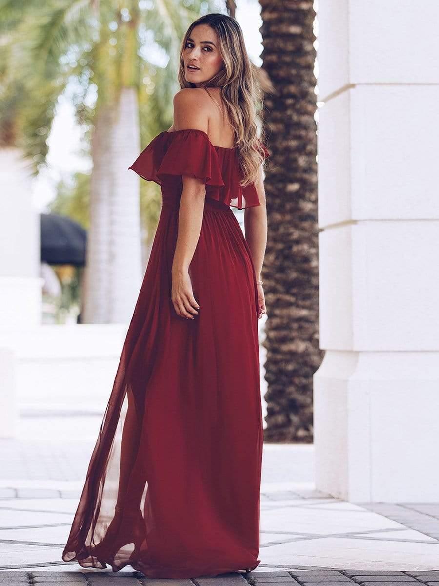 Off the Shoulder Ruffle Bodice Long Flowy Chiffon Bridesmaid Dress #color_Burgundy