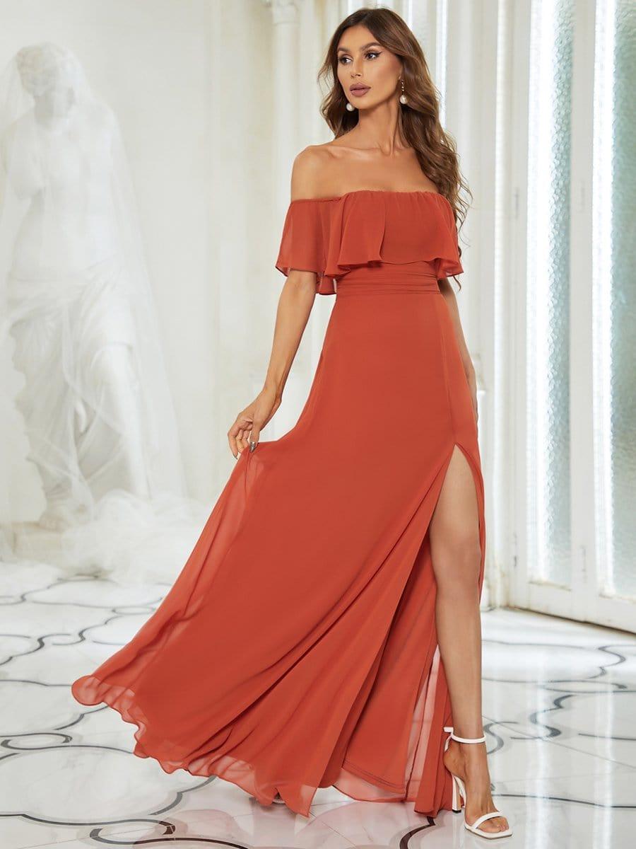Off the Shoulder Ruffle Bodice Long Flowy Chiffon Bridesmaid Dress #color_Burnt Orange