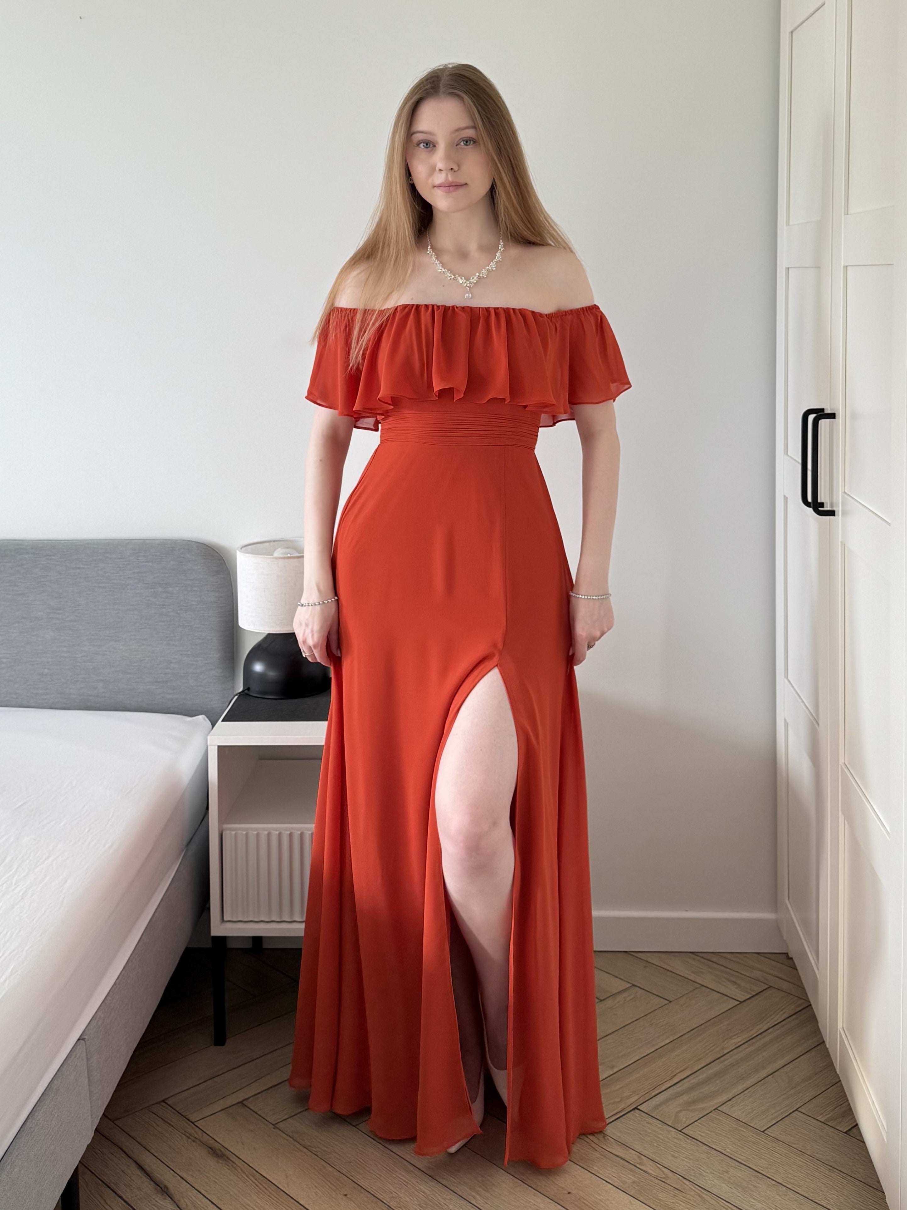 Off the Shoulder Ruffle Bodice Long Flowy Chiffon Bridesmaid Dress #color_Burnt Orange