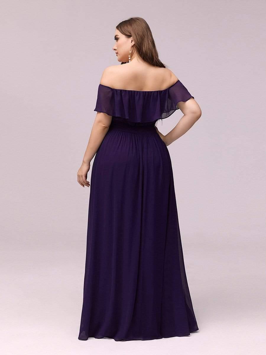 Off the Shoulder Ruffle Bodice Long Flowy Chiffon Bridesmaid Dress #color_Dark Purple