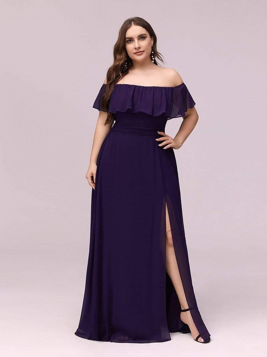 Off the Shoulder Ruffle Bodice Long Flowy Chiffon Bridesmaid Dress #color_Dark Purple