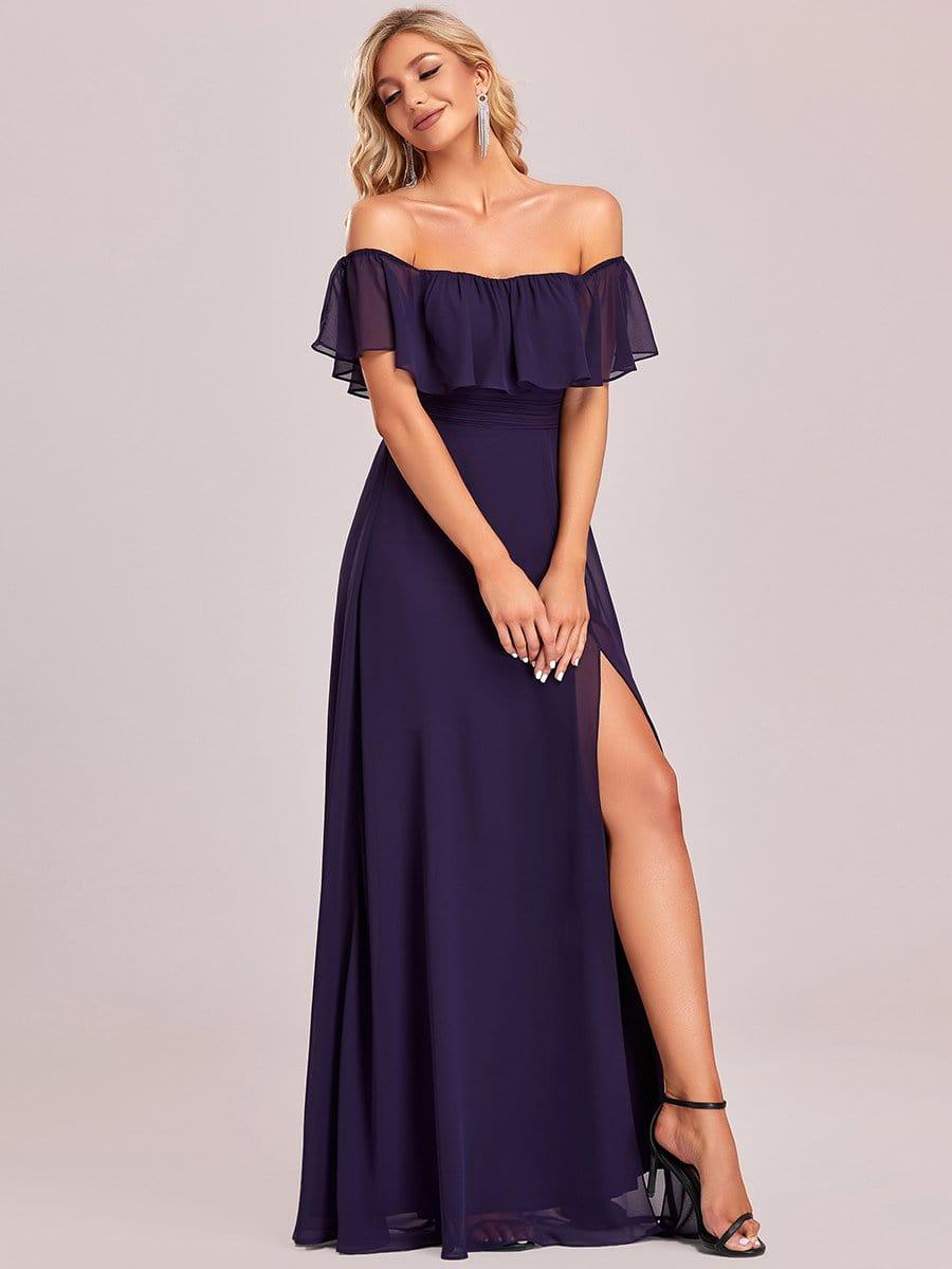 Off the Shoulder Ruffle Bodice Long Flowy Chiffon Bridesmaid Dress #color_Dark Purple