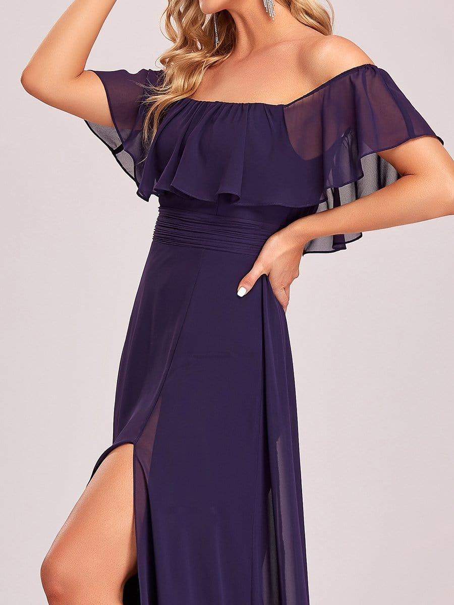 Off the Shoulder Ruffle Bodice Long Flowy Chiffon Bridesmaid Dress #color_Dark Purple
