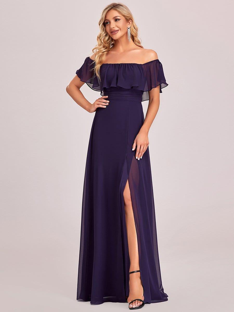 Off the Shoulder Ruffle Bodice Long Flowy Chiffon Bridesmaid Dress #color_Dark Purple
