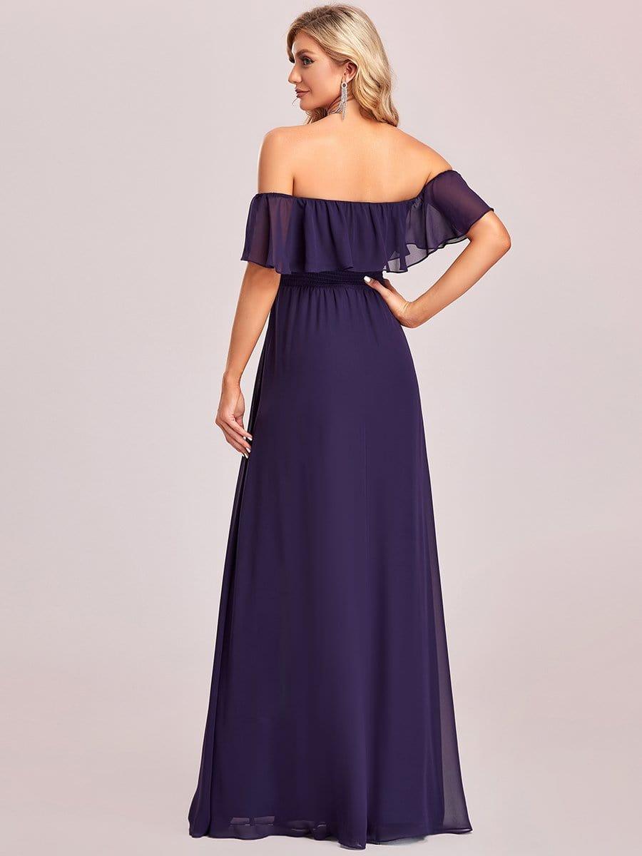 Off the Shoulder Ruffle Bodice Long Flowy Chiffon Bridesmaid Dress #color_Dark Purple