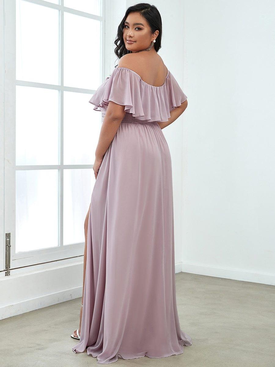 Women's Off Shoulder Ruffle Thigh Split Bridesmaid Dresses #color_Lilac
