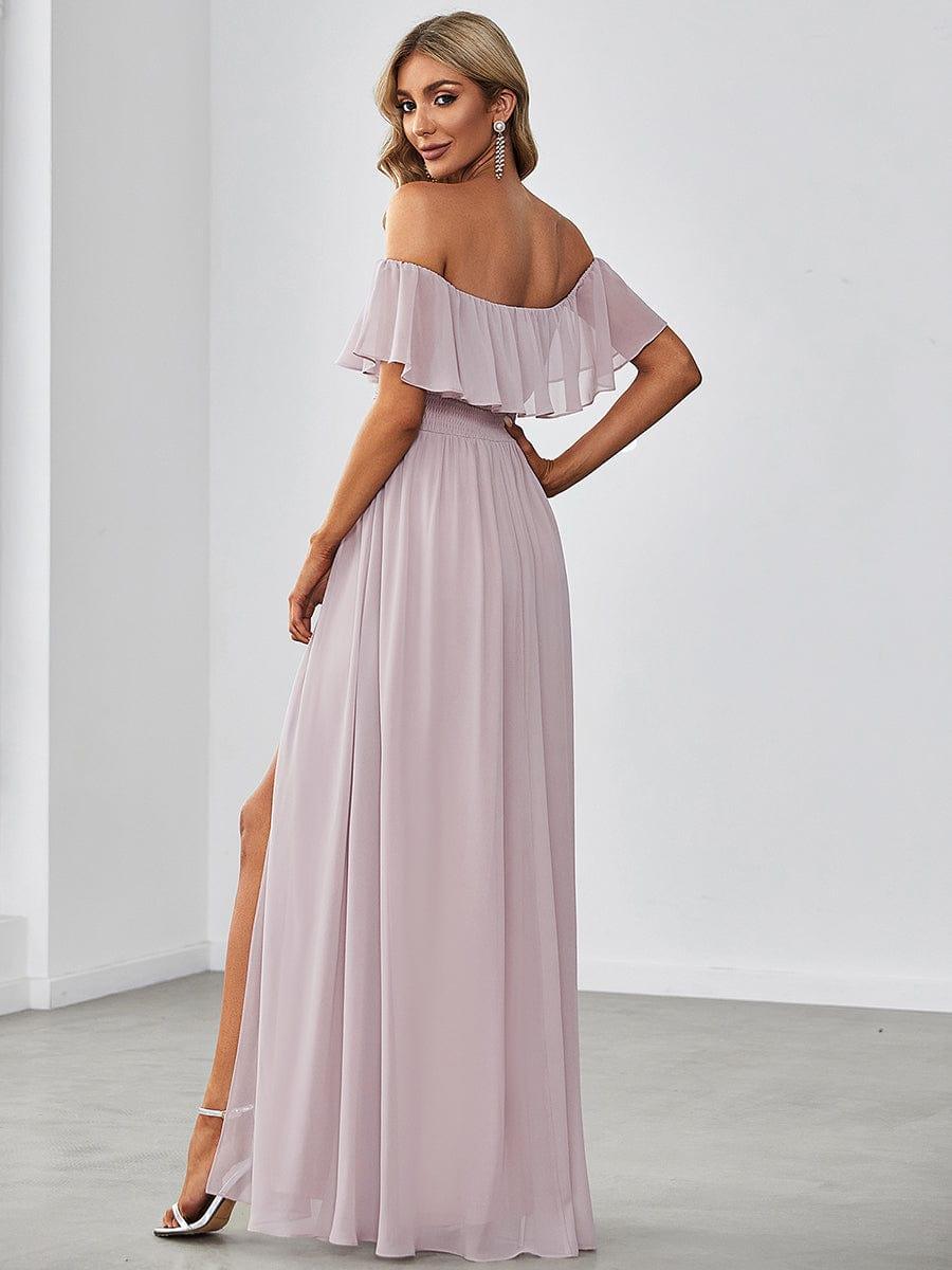 Women's Off Shoulder Ruffle Thigh Split Bridesmaid Dresses #color_Lilac