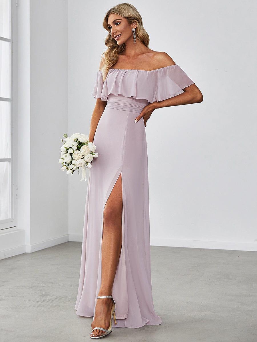 Women's Off Shoulder Ruffle Thigh Split Bridesmaid Dresses #color_Lilac
