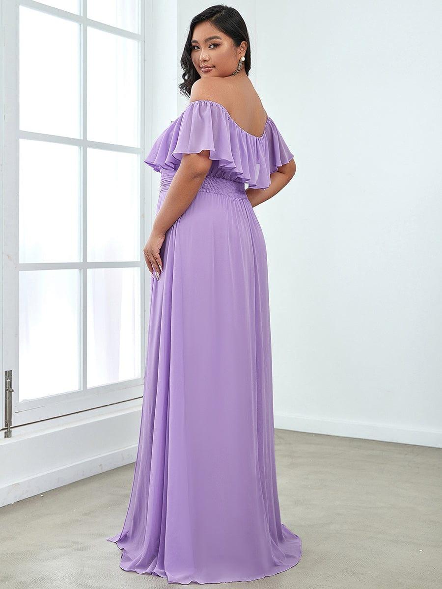 Women's Off Shoulder Ruffle Thigh Split Bridesmaid Dresses #color_Lavender