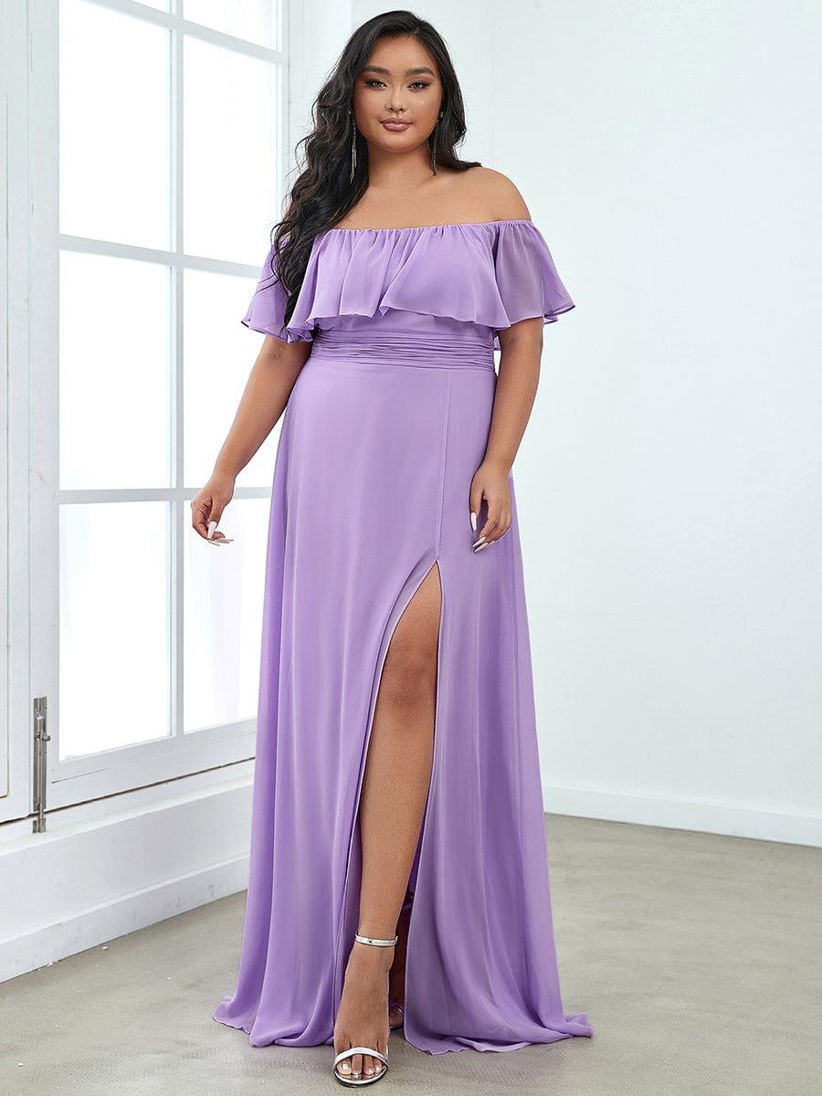 Women's Off Shoulder Ruffle Thigh Split Bridesmaid Dresses #color_Lavender