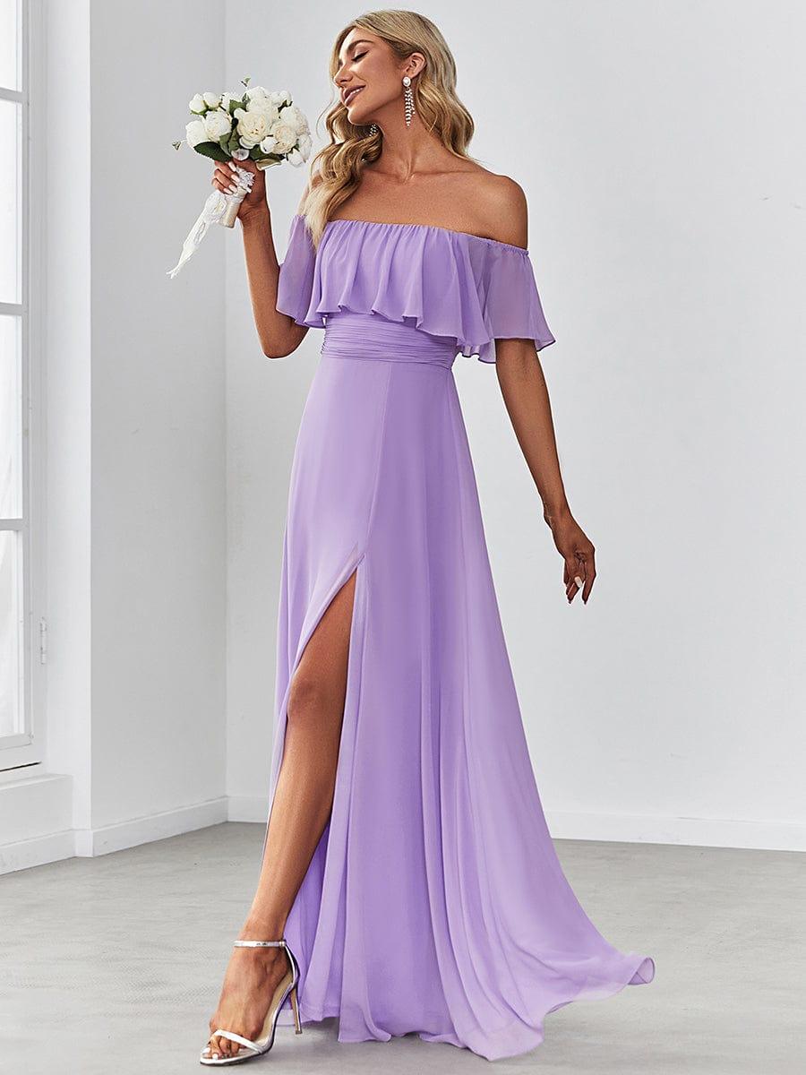 Women's Off Shoulder Ruffle Thigh Split Bridesmaid Dresses #color_Lavender