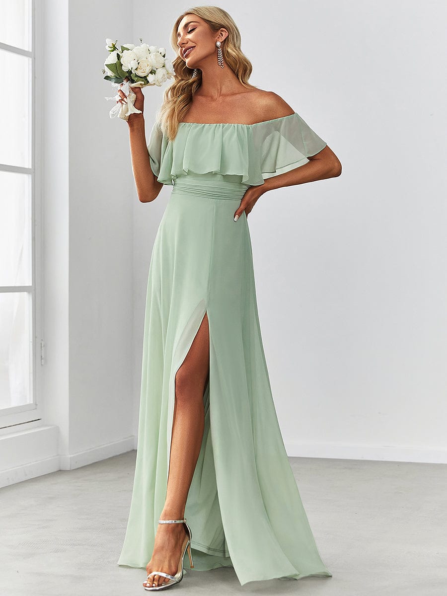 Women's Off Shoulder Ruffle Thigh Split Bridesmaid Dresses #color_Mint Green 