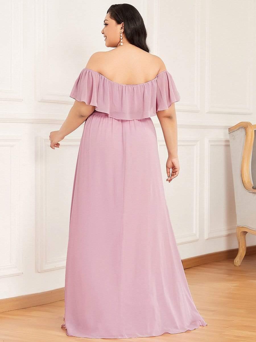 Women's Off Shoulder Ruffle Thigh Split Bridesmaid Dresses #color_Mauve