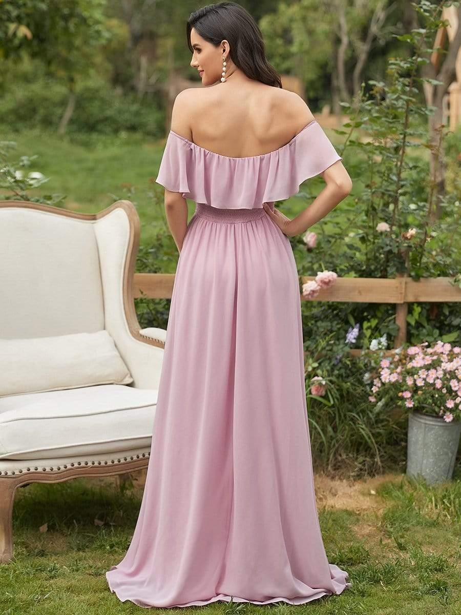 Women's Off Shoulder Ruffle Thigh Split Bridesmaid Dresses #color_Mauve