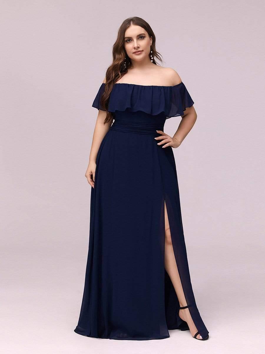 Off the Shoulder Ruffle Bodice Long Flowy Chiffon Bridesmaid Dress #color_Navy Blue
