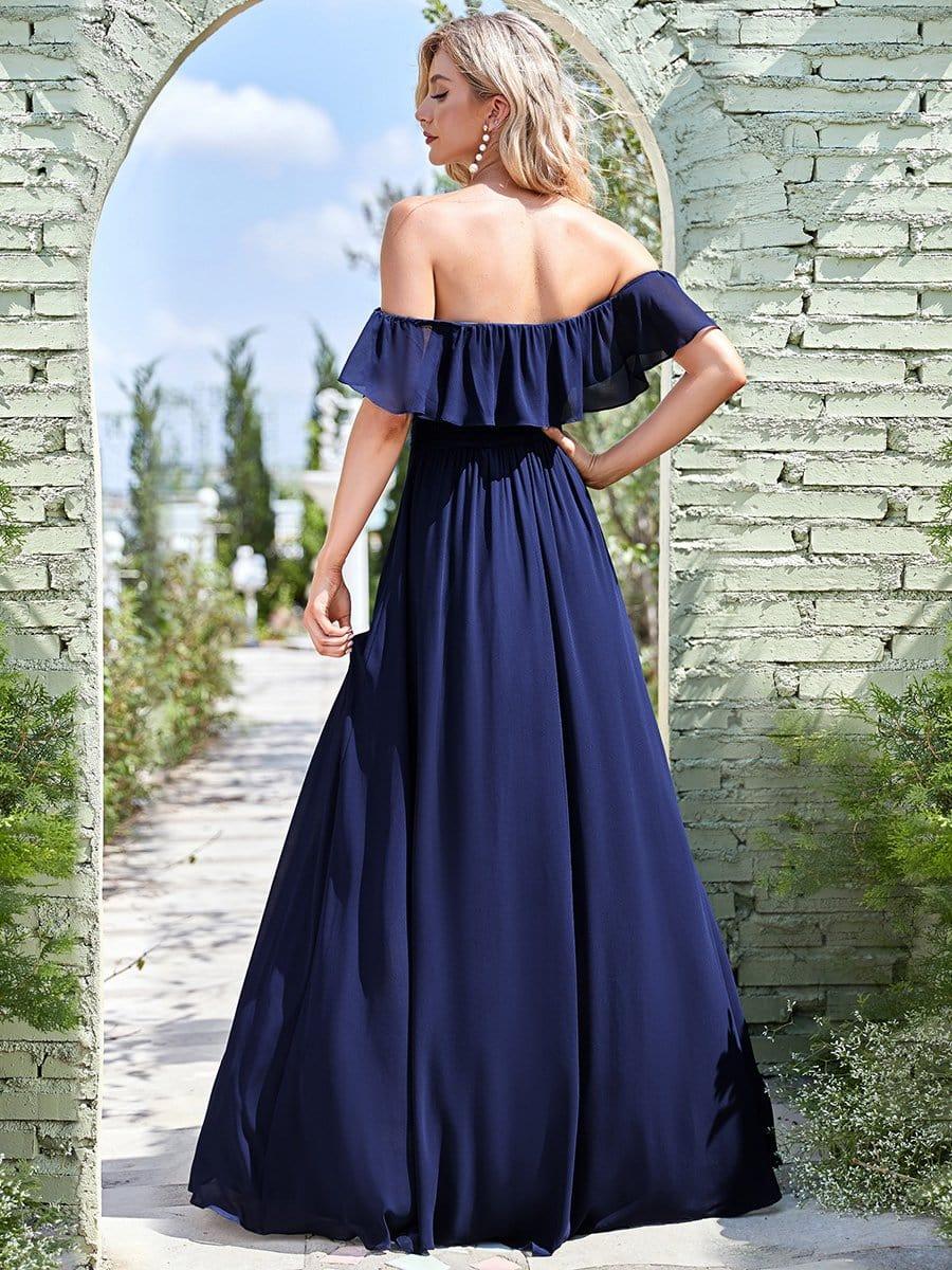 Off the Shoulder Ruffle Bodice Long Flowy Chiffon Bridesmaid Dress #color_Navy Blue
