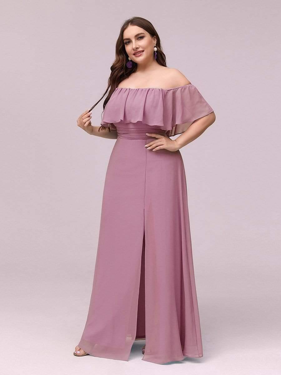 Off the Shoulder Ruffle Bodice Long Flowy Chiffon Bridesmaid Dress #color_Purple Orchid