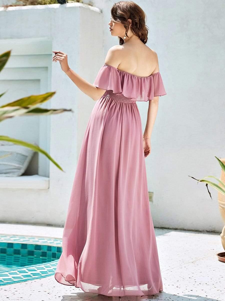 Off the Shoulder Ruffle Bodice Long Flowy Chiffon Bridesmaid Dress #color_Purple Orchid