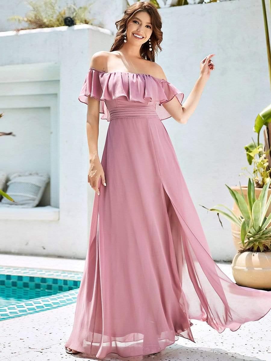 Off the Shoulder Ruffle Bodice Long Flowy Chiffon Bridesmaid Dress #color_Purple Orchid