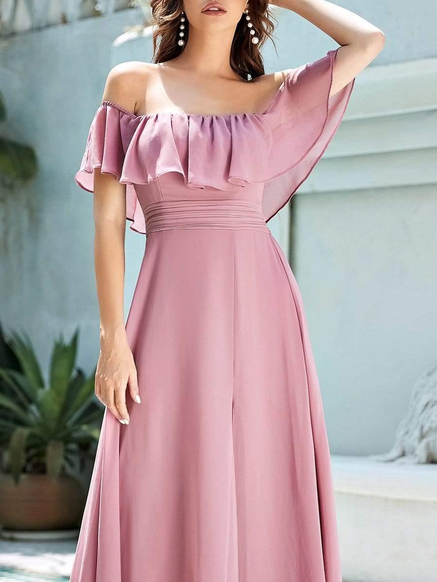 Off the Shoulder Ruffle Bodice Long Flowy Chiffon Bridesmaid Dress #color_Purple Orchid