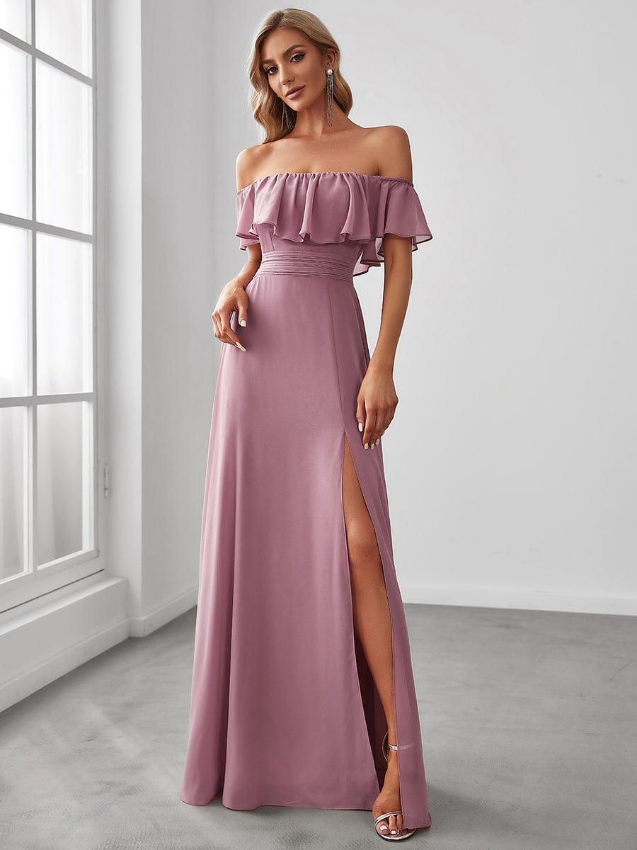 Off the Shoulder Ruffle Bodice Long Flowy Chiffon Bridesmaid Dress #color_Purple Orchid