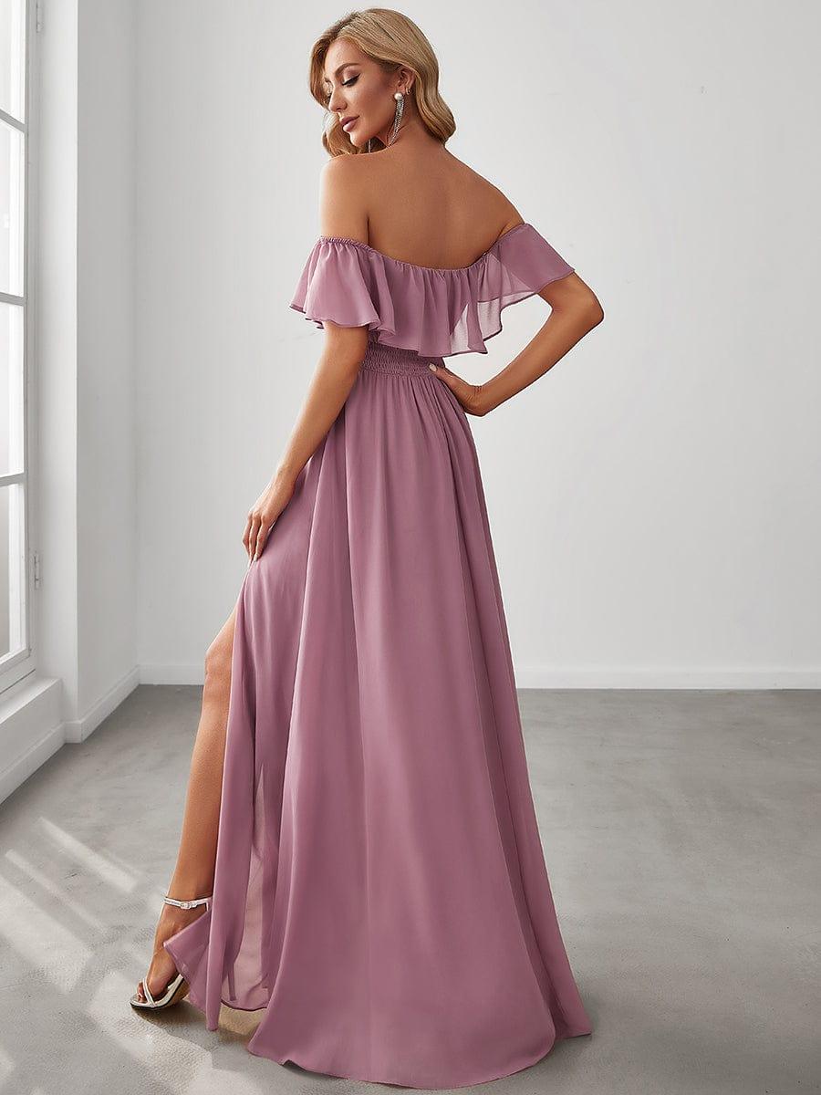 Off the Shoulder Ruffle Bodice Long Flowy Chiffon Bridesmaid Dress #color_Purple Orchid