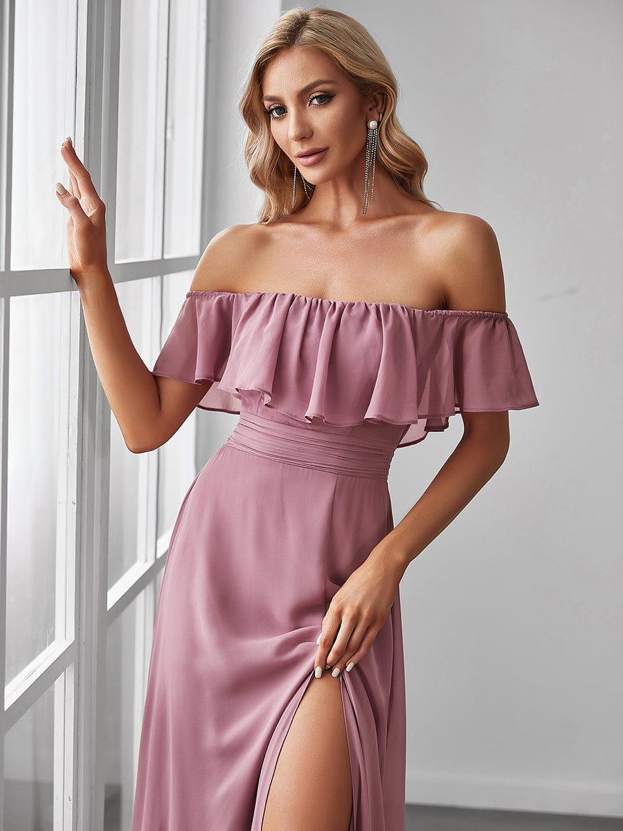 Off the Shoulder Ruffle Bodice Long Flowy Chiffon Bridesmaid Dress #color_Purple Orchid