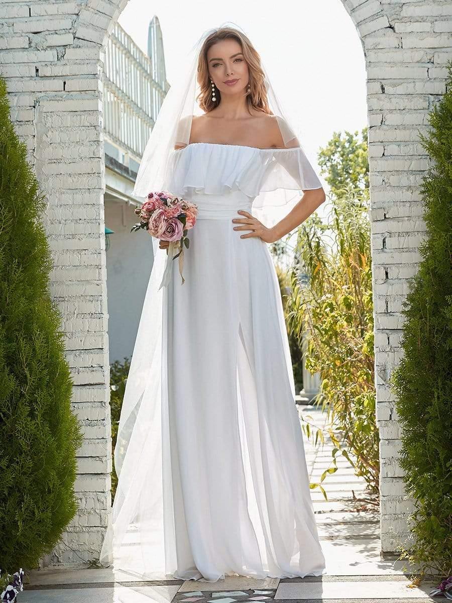 Off the Shoulder Ruffle Bodice Long Flowy Chiffon Bridesmaid Dress #color_White