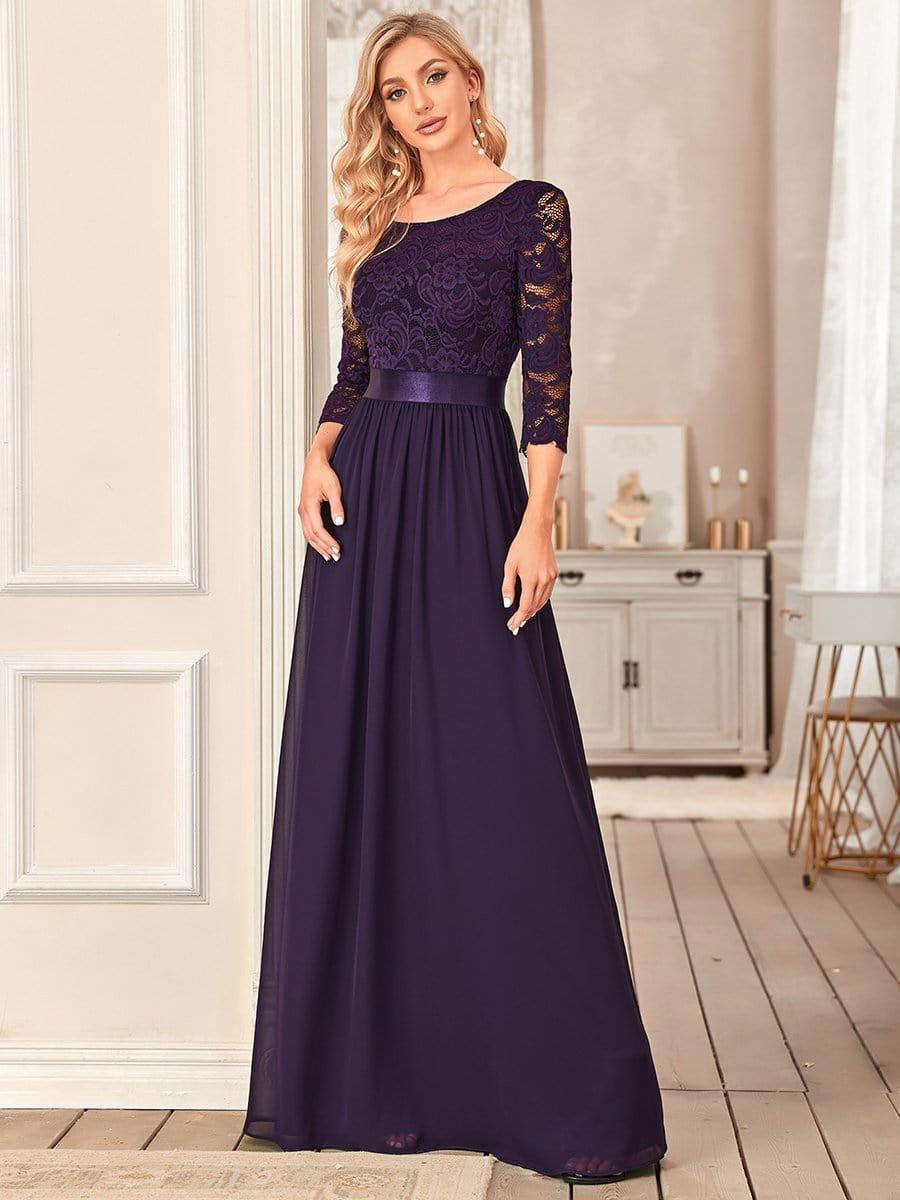 Lace Chiffon Maxi Evening Dress with Half Sleeve #color_Dark Purple