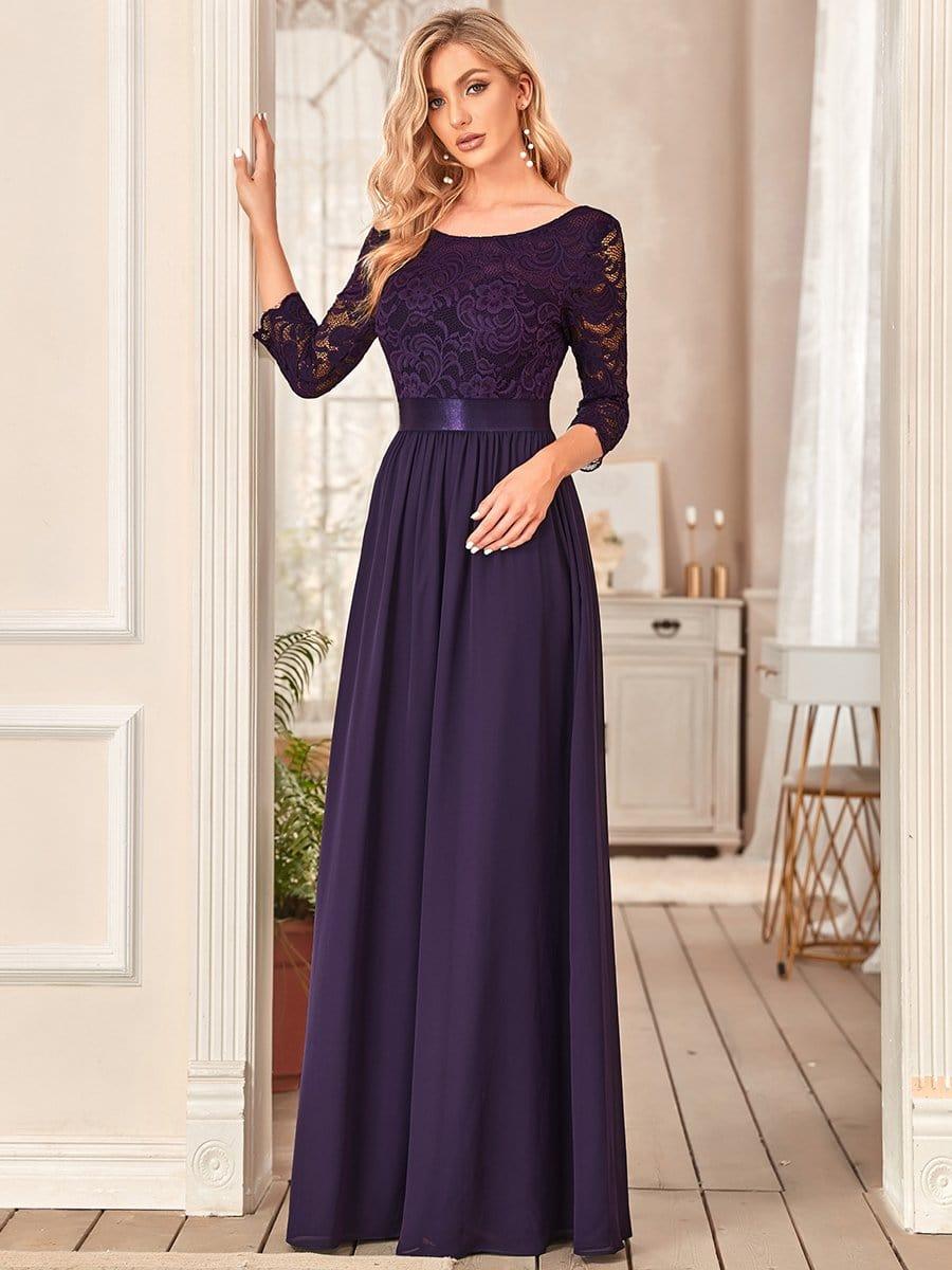 Lace Chiffon Maxi Evening Dress with Half Sleeve #color_Dark Purple