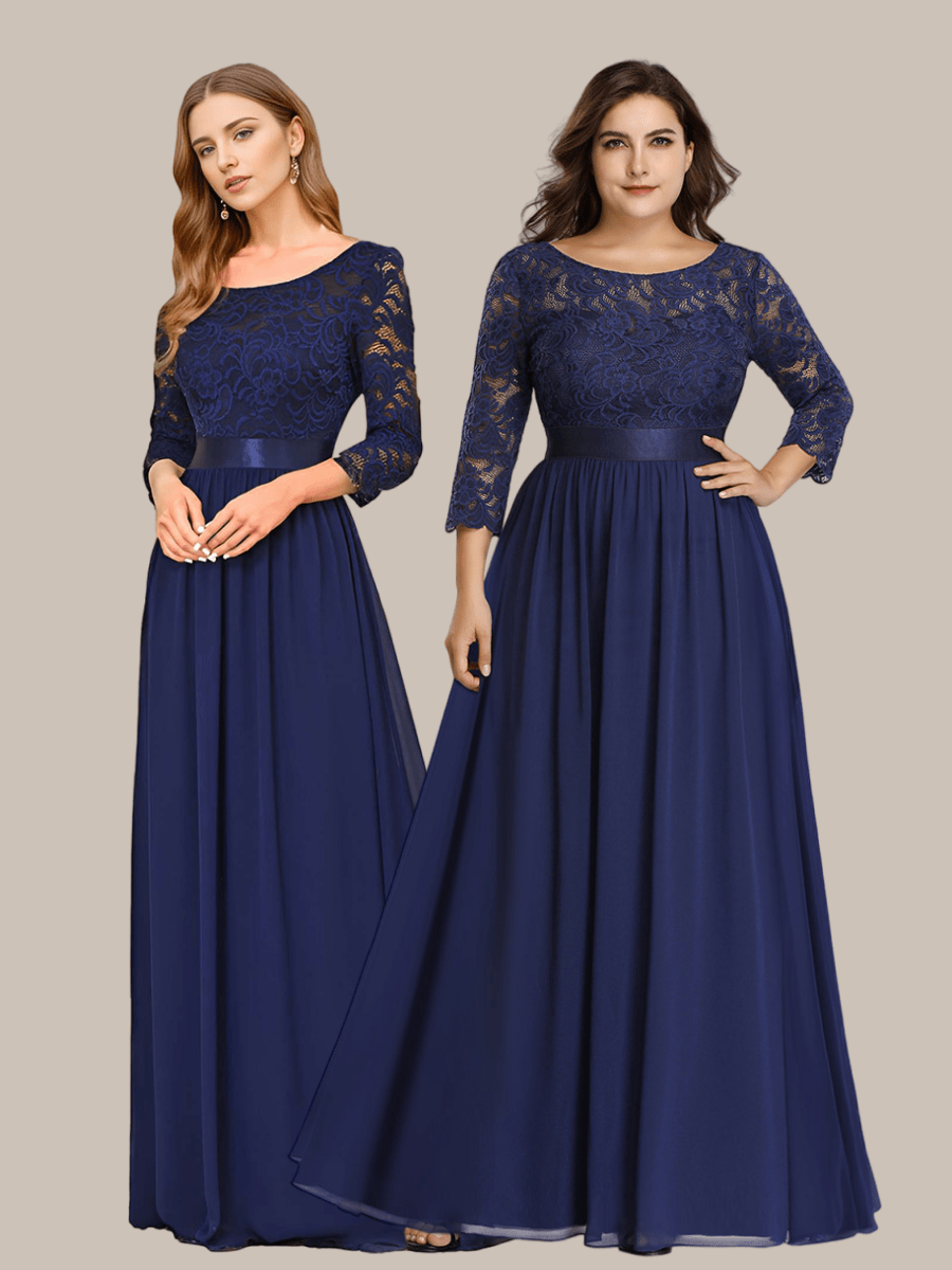 See-Through Floor Length Lace Chiffon Evening Dress with Half Sleeve #color_Black