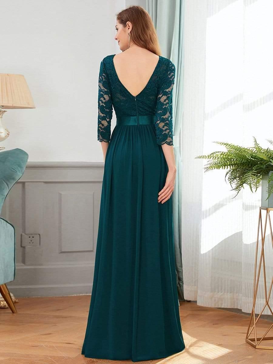 Lace Chiffon Maxi Evening Dress with Half Sleeve #color_Teal