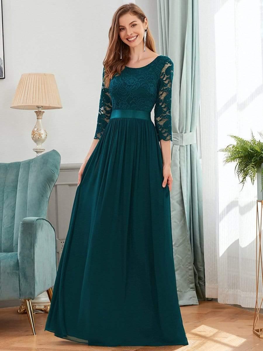 Lace Chiffon Maxi Evening Dress with Half Sleeve #color_Teal