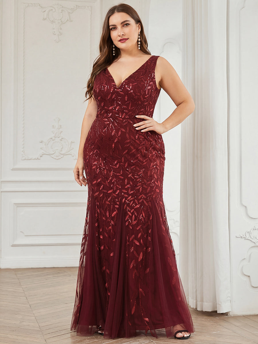 Women's Double V-Neck Fishtail Sequin Evening Dress #Color_Burgundy