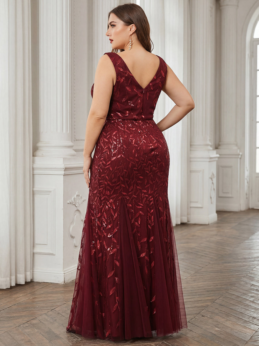 Women's Double V-Neck Fishtail Sequin Evening Dress #Color_Burgundy