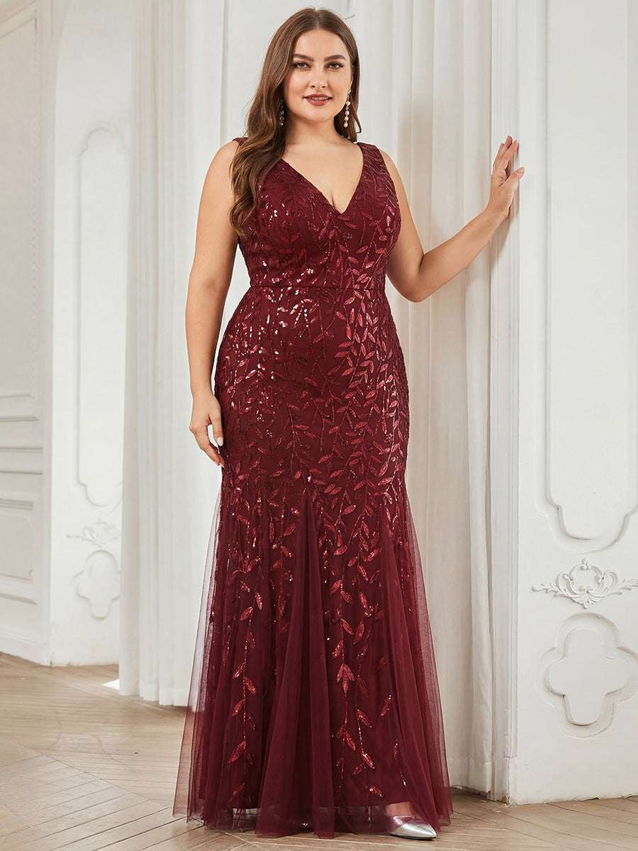 Plus Size Maxi Sequin Formal Dresses & Gowns #color_Burgundy