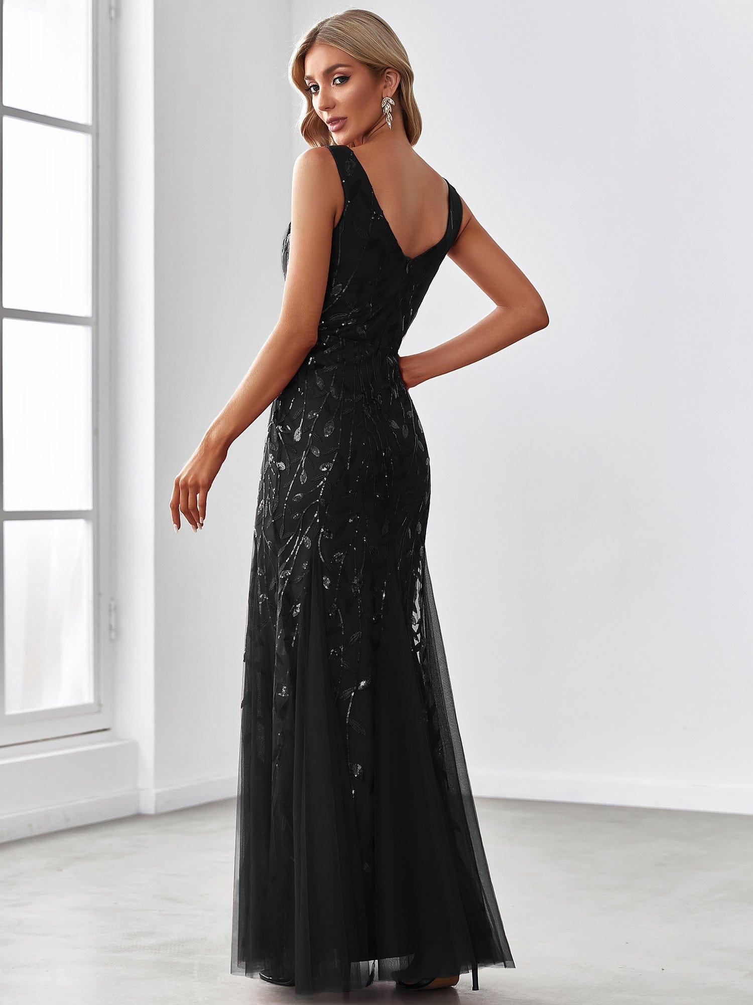 Leaf Sequin V-Neck Sleeveless Bridesmaid Dress with Tulle Hem #Color_Black