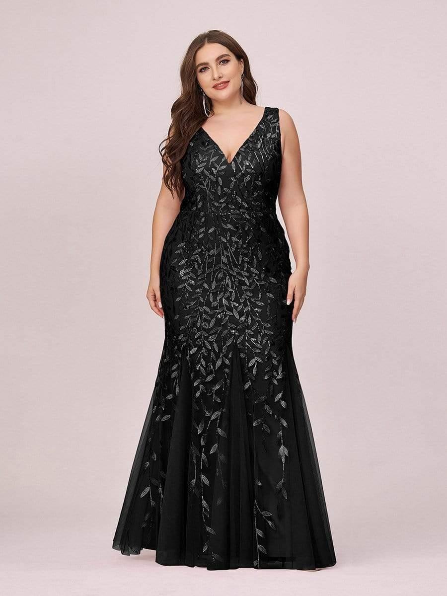 Leaf Sequin V-Neck Sleeveless Bridesmaid Dress with Tulle Hem #Color_Black