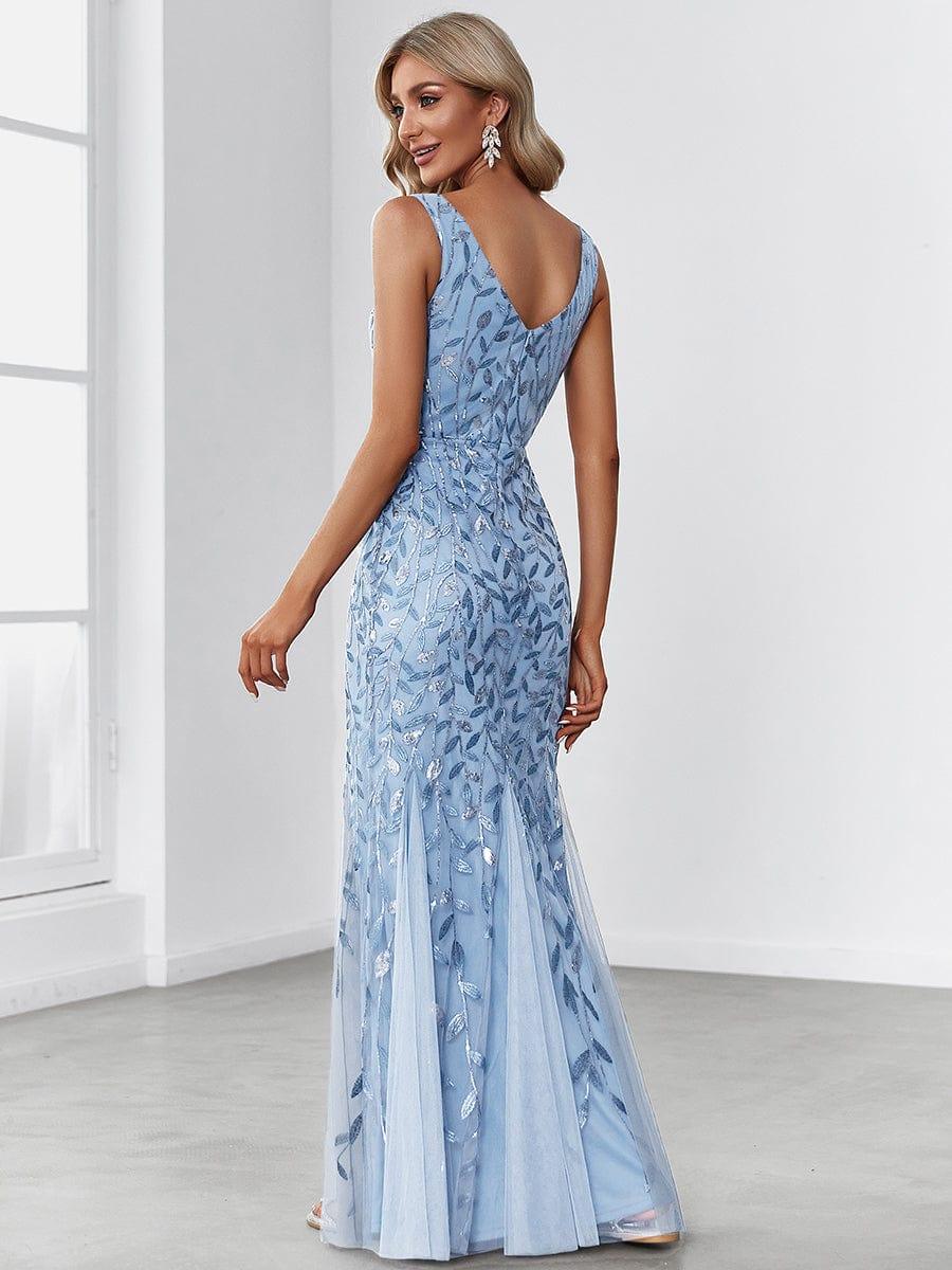 Leaf Sequin V-Neck Sleeveless Bridesmaid Dress with Tulle Hem #Color_Sky Blue