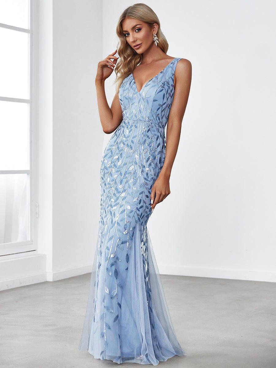 Leaf Sequin V-Neck Sleeveless Bridesmaid Dress with Tulle Hem #Color_Sky Blue