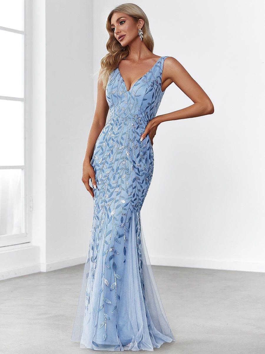 Leaf Sequin V-Neck Sleeveless Bridesmaid Dress with Tulle Hem #Color_Sky Blue