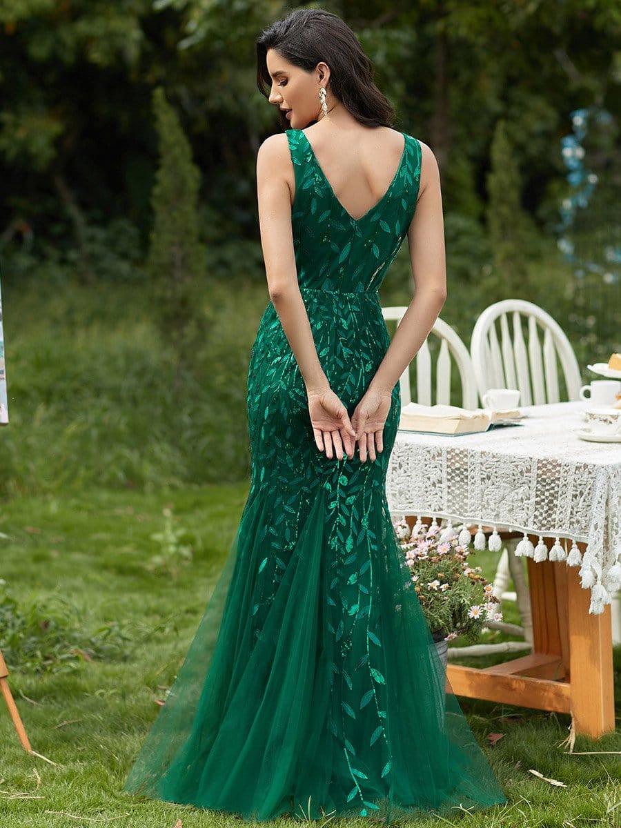 Leaf Sequin V-Neck Sleeveless Bridesmaid Dress with Tulle Hem #Color_Dark Green