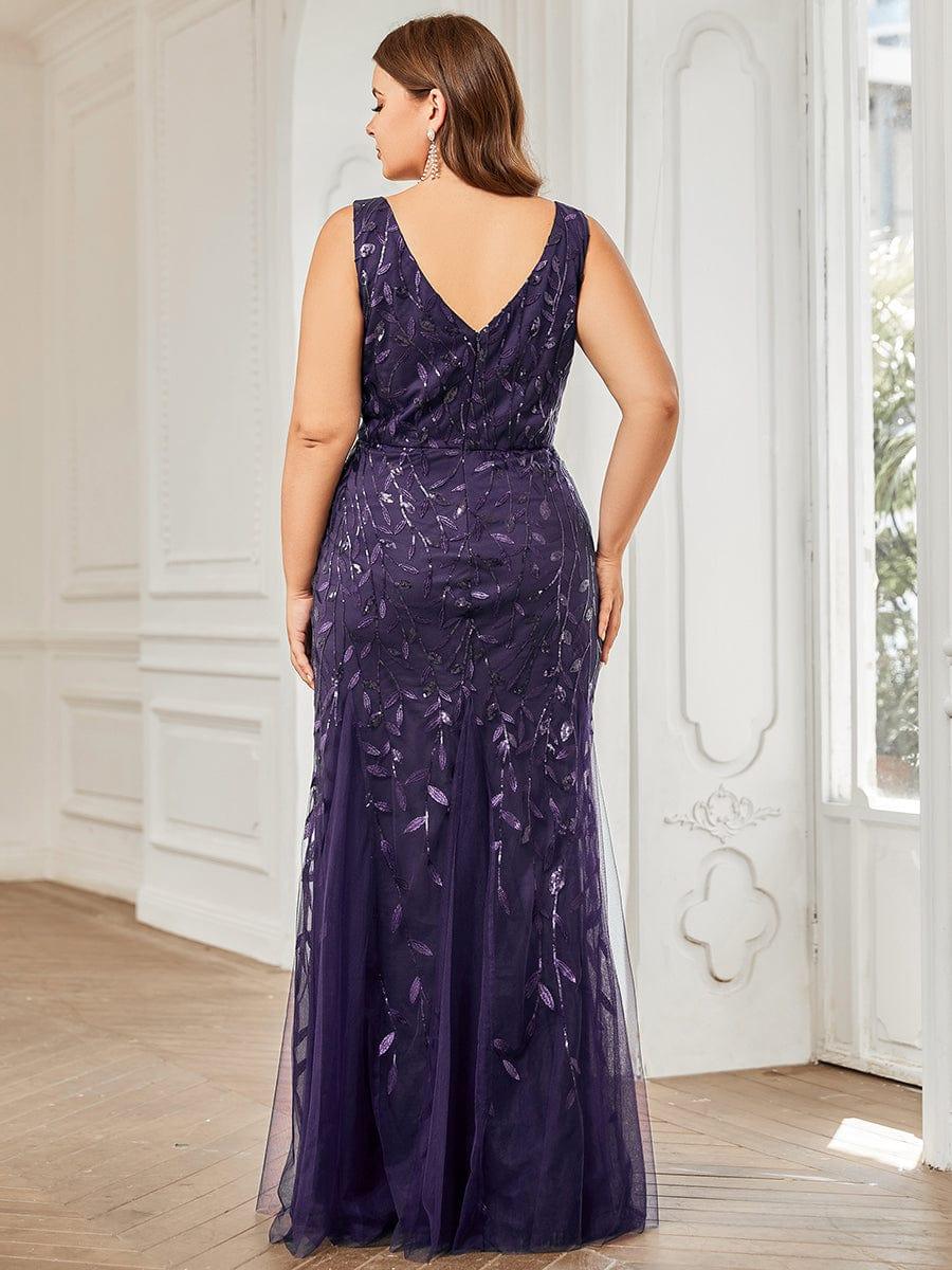 Leaf Sequin V-Neck Sleeveless Bridesmaid Dress with Tulle Hem #Color_Dark Purple